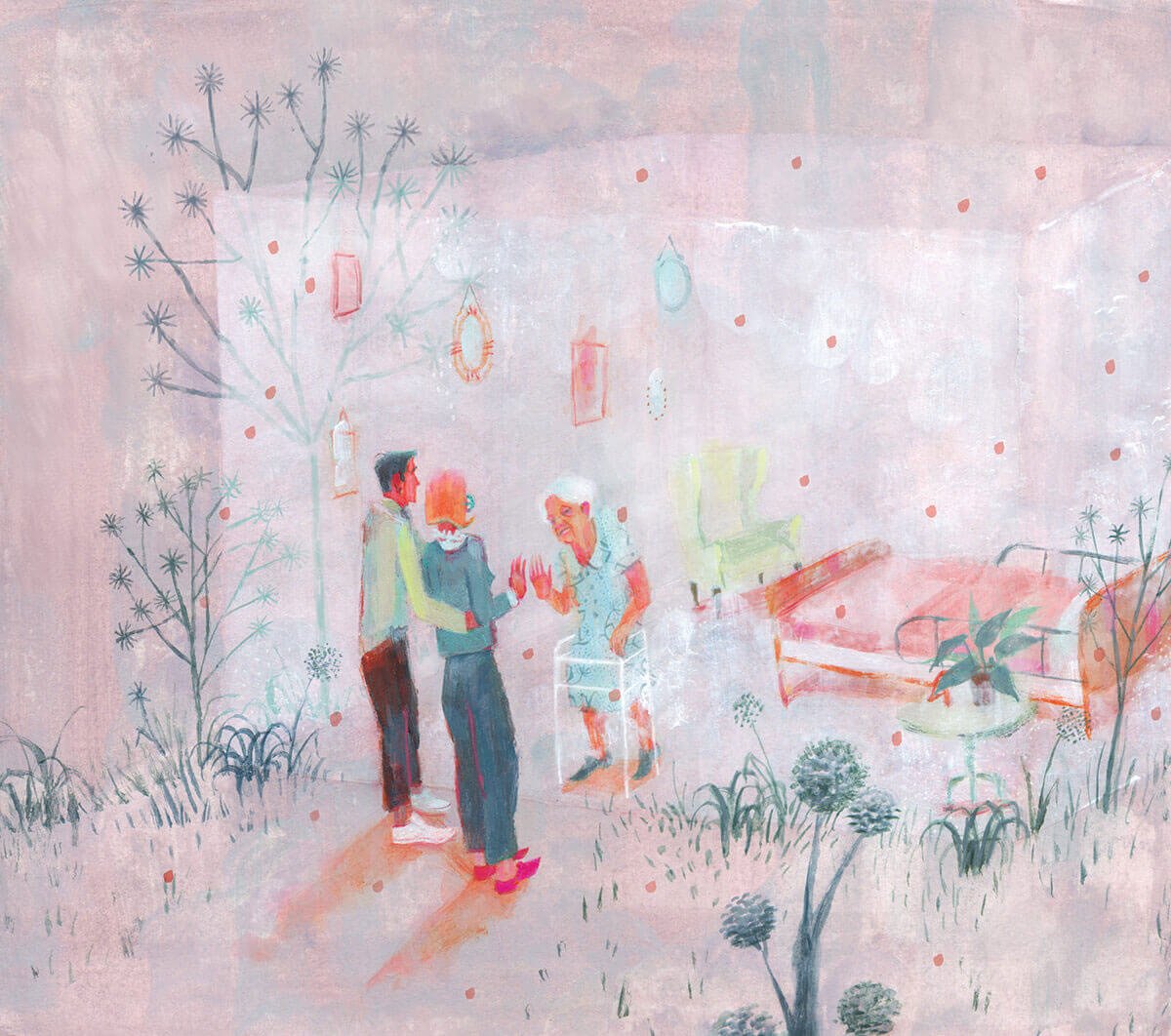 An illustration of a couple visiting their elderly family member with a clear wall separating them.